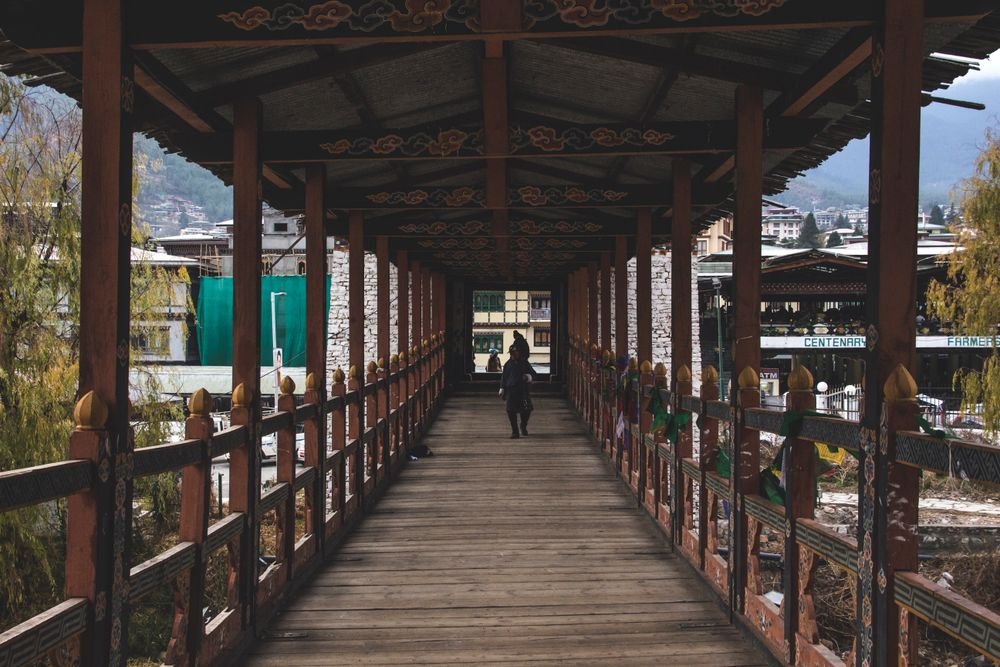 A traditional wooden bridge in Bhutan