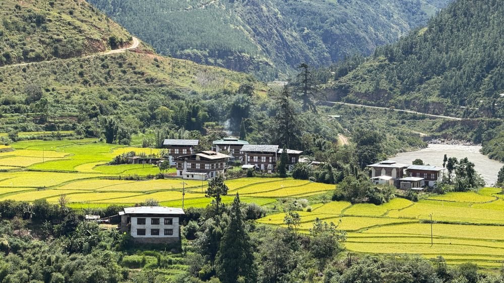 Bhutanese homes among the fields