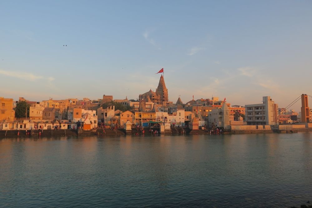 Dwarka and its temple at sunset
