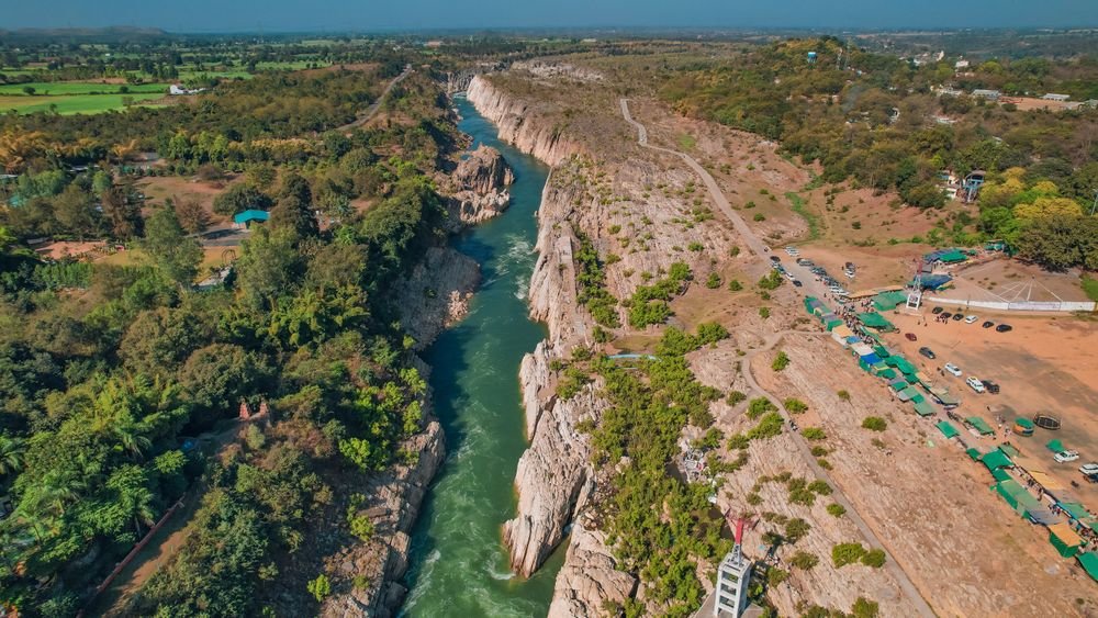 The Narmada's marble gorge at Bhedaghat, from the air