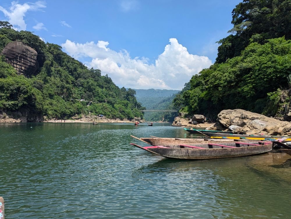 Boats on the clear waters of the Umngot river, Meghalaya