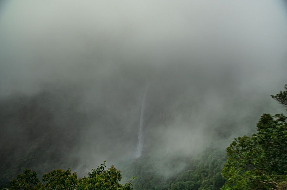 A waterfall in the mist near Cherrapunjee