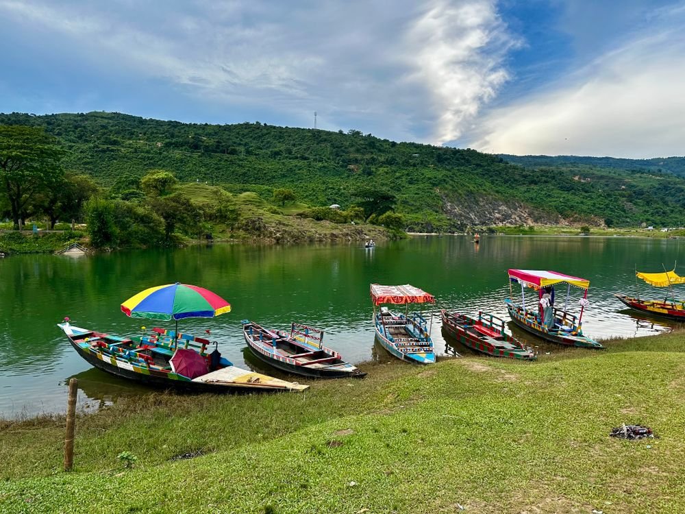 Boats on a lake in the Meghalaya hills