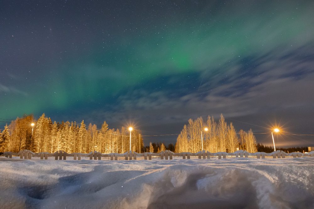 Green northern lights over the snowy forest of Lapland