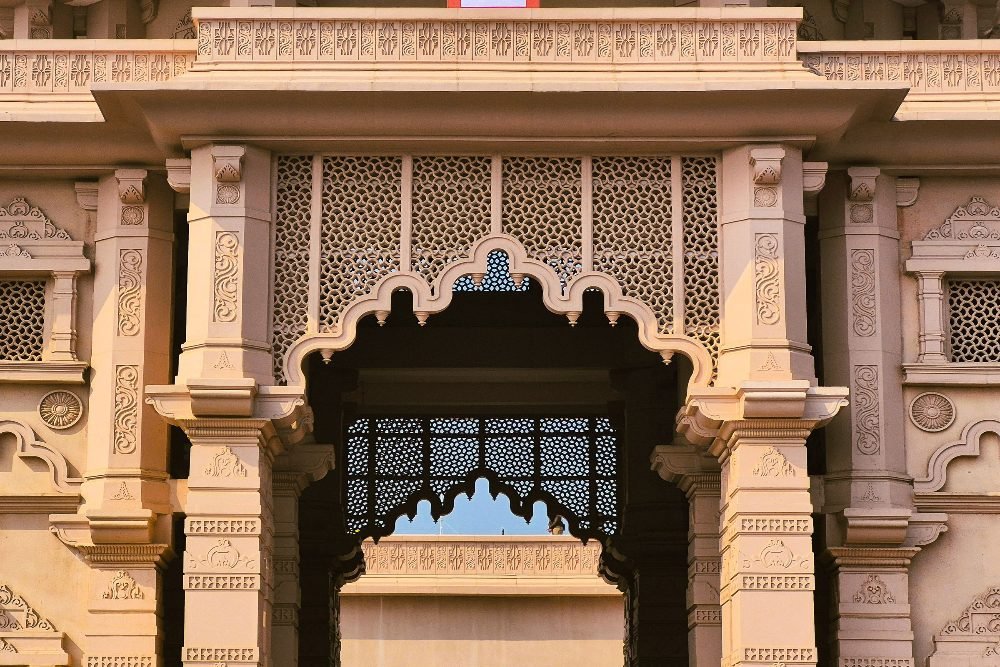 A carved temple gateway in Ayodhya